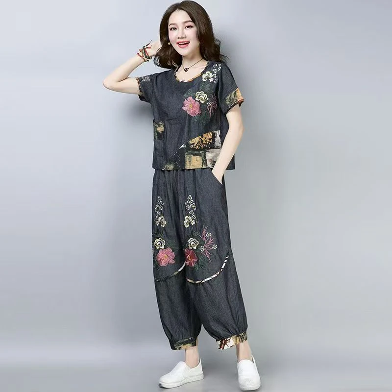 中老年民族风大码女套装夏季新款薄复古宽松绣花短袖休闲两件套装