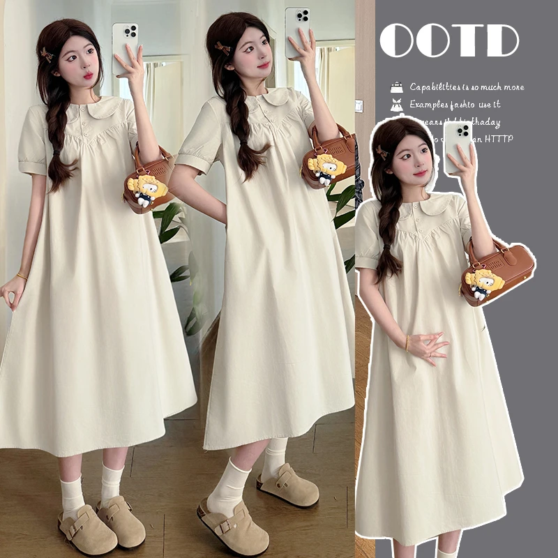 新款温柔宽松孕妇装夏季爆款设计感减龄娃娃领显瘦气质孕妇连衣裙