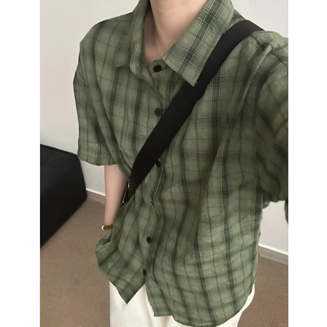 军绿色格子短袖衬衫男夏季薄款速干凉感衬衣格纹翻领防晒情侣外套
