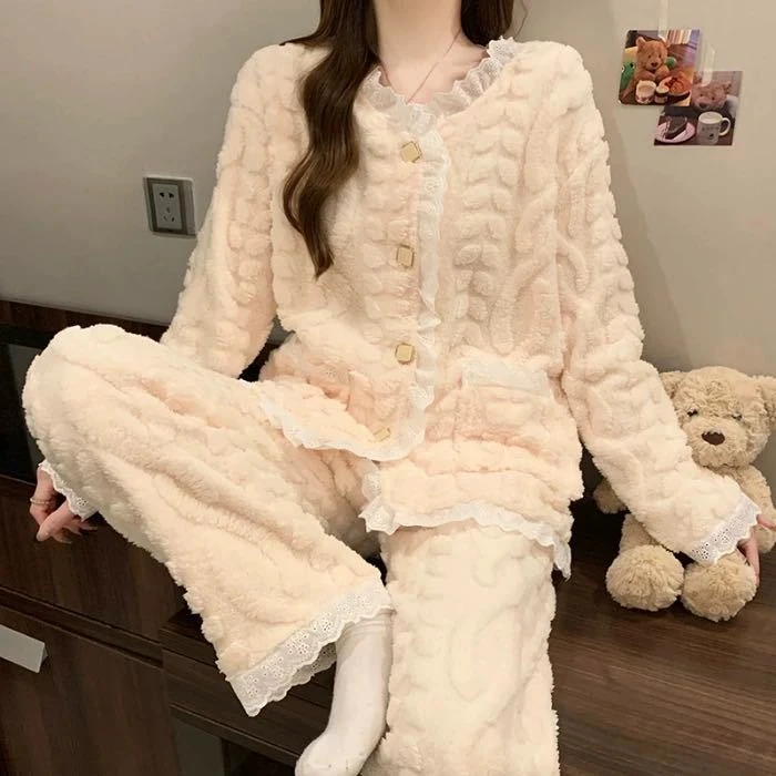 秋冬开衫蕾丝花边休闲宽松冬天加绒加厚保暖家居服套装珊瑚绒睡衣