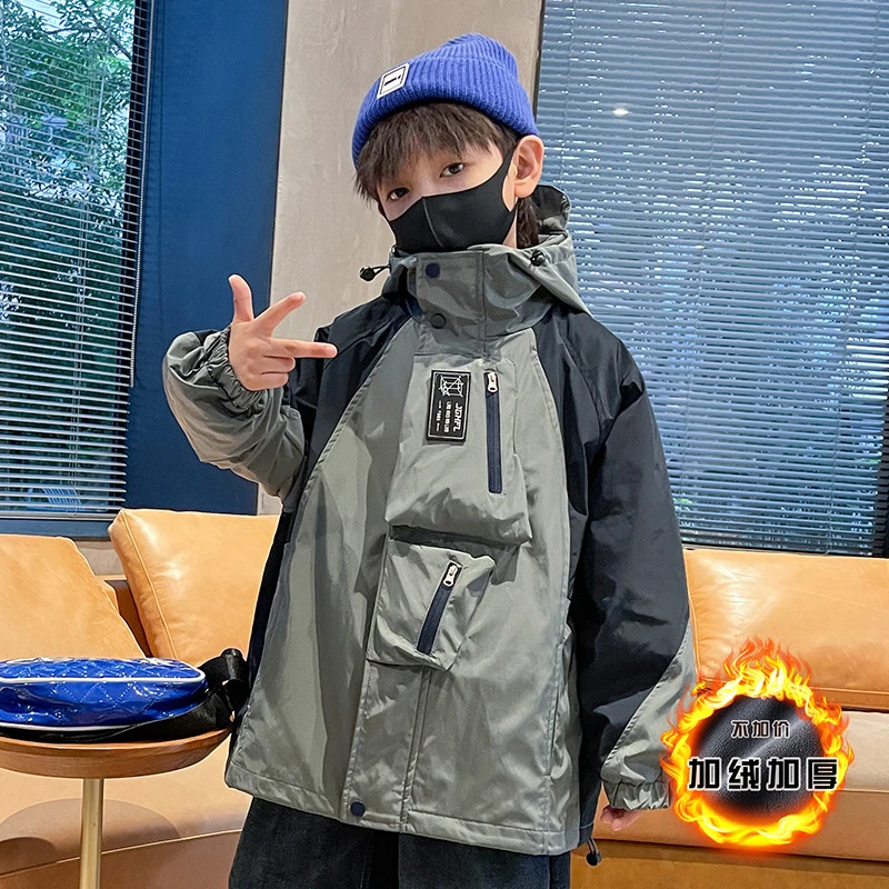 【断码清仓】冲锋衣男童冬季加绒加厚外套中大童帅气户外休闲装上衣