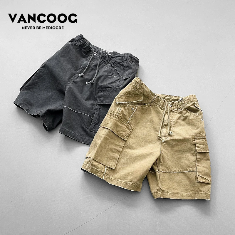 VANCOOG夏季美式潮牌重工宽松直筒五分中裤多口袋破洞水洗短裤男