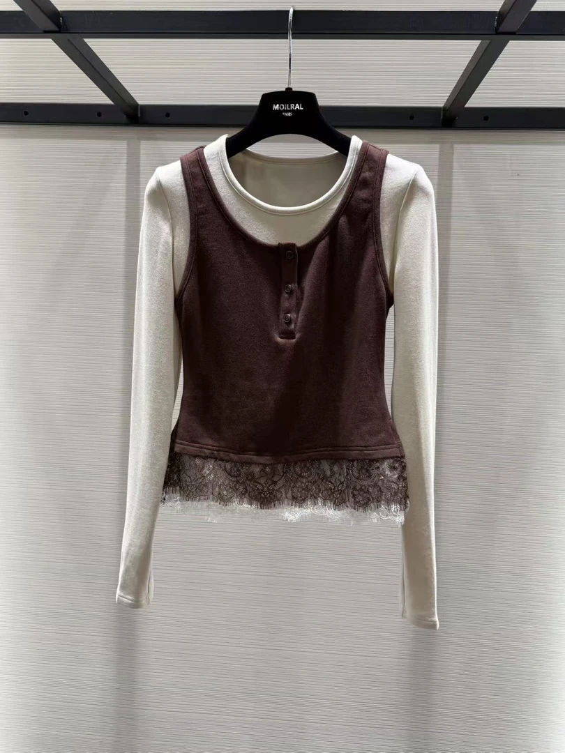 设计师新款单排扣撞色圆领休闲百搭长袖真两件T恤 XM2525789