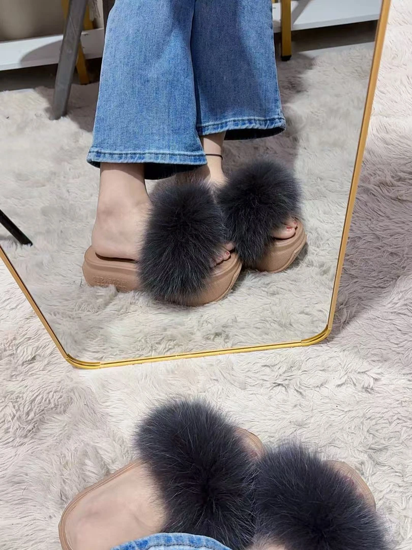 【增高6cm】小个子厚底狐狸毛拖鞋踩屎感女鞋外穿时尚沙滩凉拖防滑