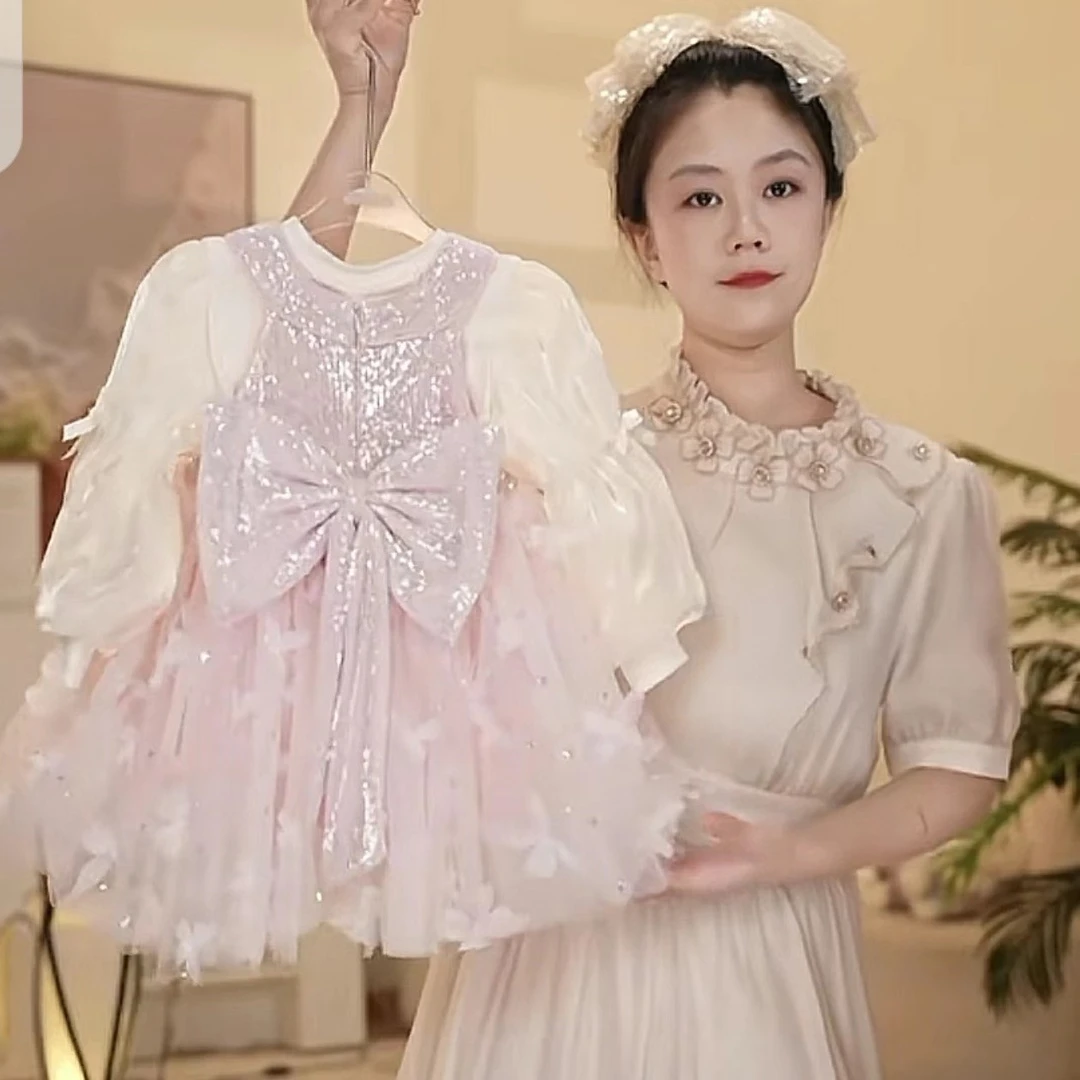 连衣裙女童春秋重工刺绣蝴蝶蓬蓬裙洋气童装夏款背心裙女宝宝百搭