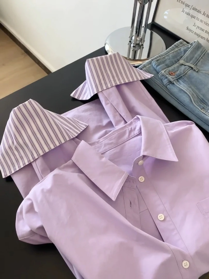 2025春季法式紫色拼接条纹Polo领衬衫女长袖上衣宽松气质减龄衬衣