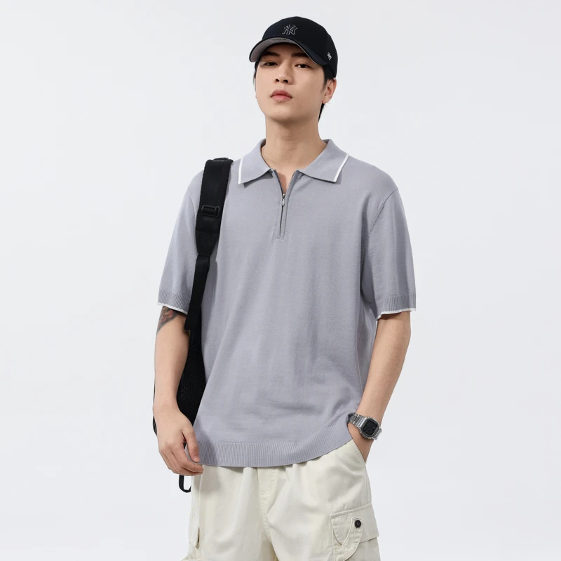 赤单6915美式半拉链翻领polo衫男拼接条纹宽松短袖翻领撞色T恤衫