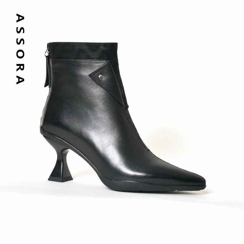 断码35.37.40真皮高跟短靴女靴尖头气质2024新款冬季黑色加绒靴子