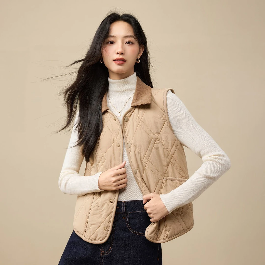 茵曼无袖马夹坎肩女25年基础款格纹休闲百搭保暖小个子上衣外套女