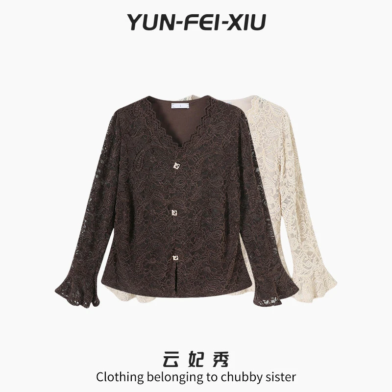 云妃秀大码女装蕾丝衫V领优雅气质时尚宽松显瘦遮肉胖妹妹冬5201