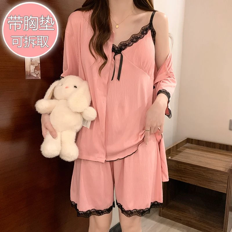大码睡衣女200斤夏季时尚吊带短袖三件套可爱甜美学生短裤家居服