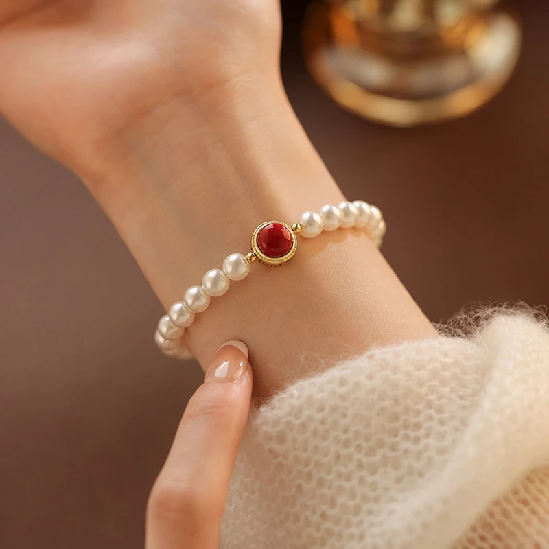 925银仿珍珠手链 纯银串珠手链2025蛇手镯本命年闺蜜女新年手串红