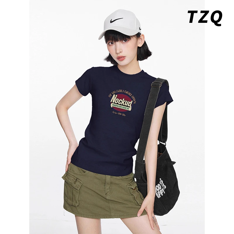 美式藏青色印花正肩短袖t恤女秋季短款修身小个子上衣TZQ2550104