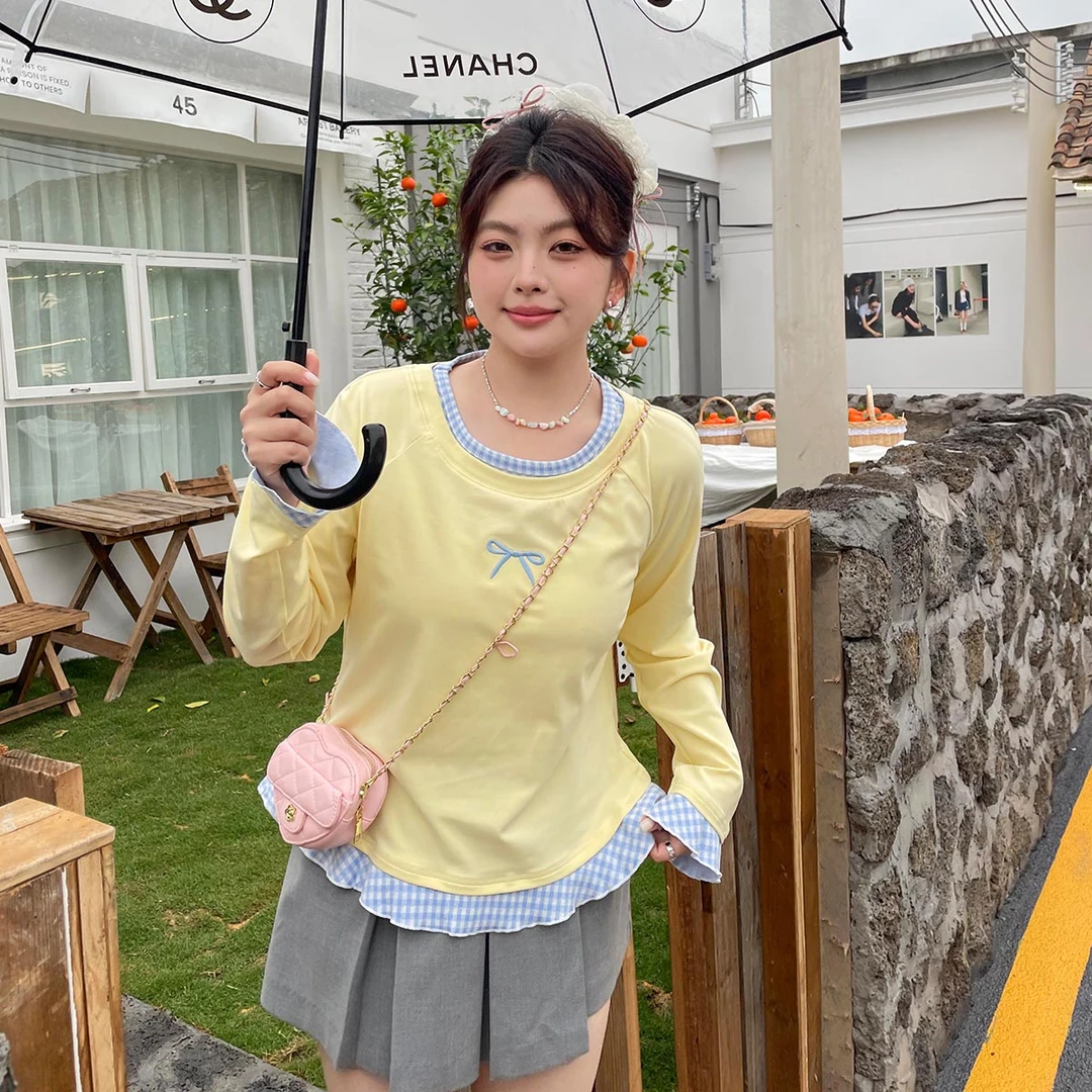 2025秋冬新款显白减龄元气长袖t恤大码女装胖mm韩系chic显瘦上衣