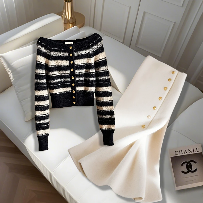 法式高级感黑白条纹设计针织衫秋季百搭千金风鱼尾裙高腰半裙套装
