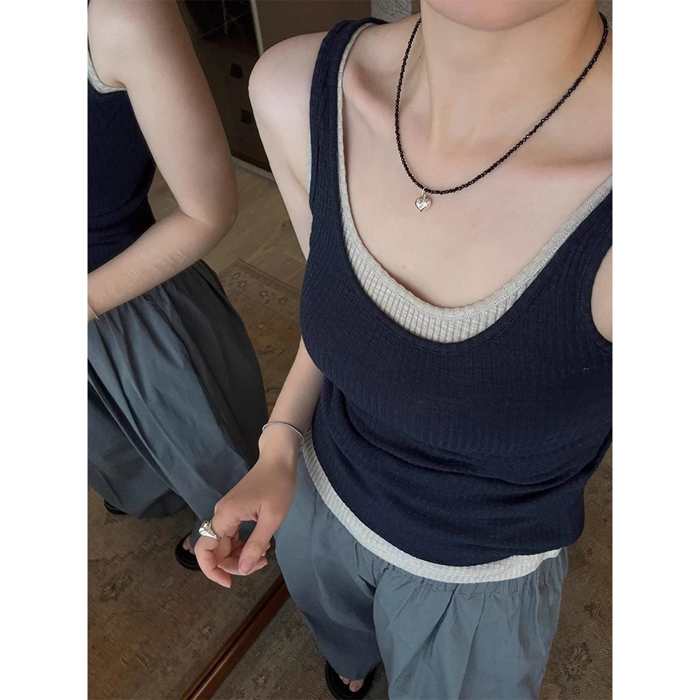 韩版藏蓝色大领口u领假两件小吊带背心女夏冰丝针织短款无袖上衣