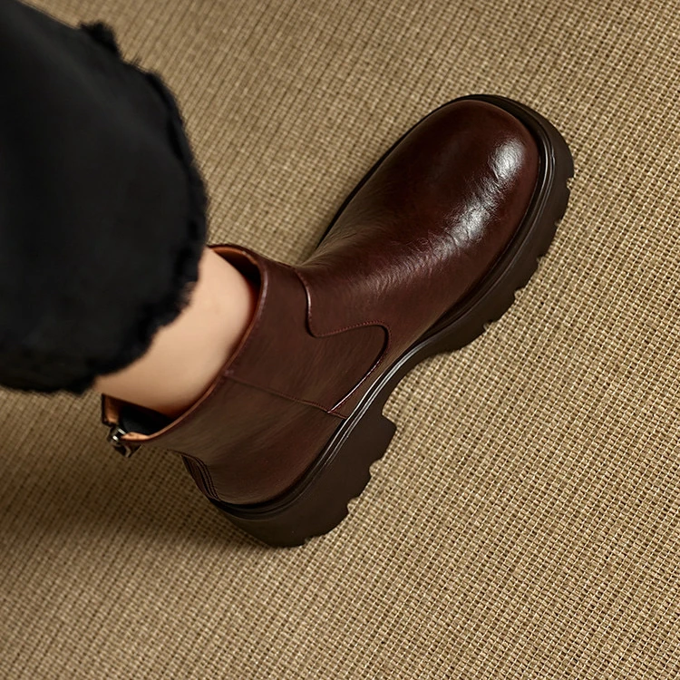 里外纯皮~牛皮5cm圆头复古厚底舒适百搭短靴时尚女马丁靴新款短筒