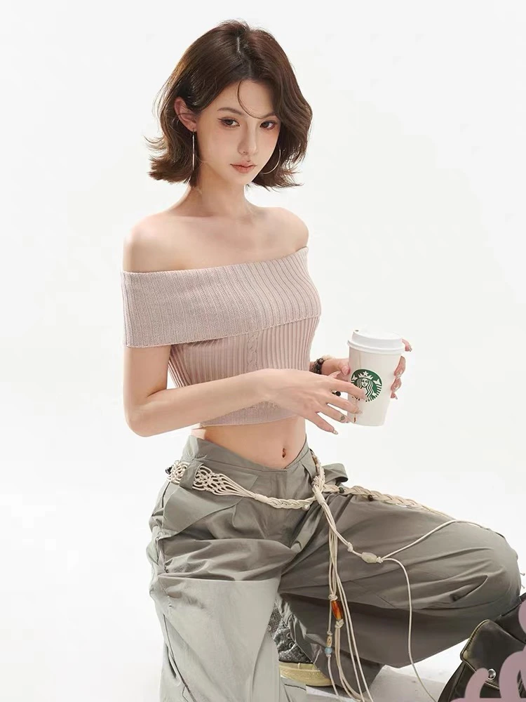 古奈家针织冰丝一字肩辣妹抹胸上衣显瘦