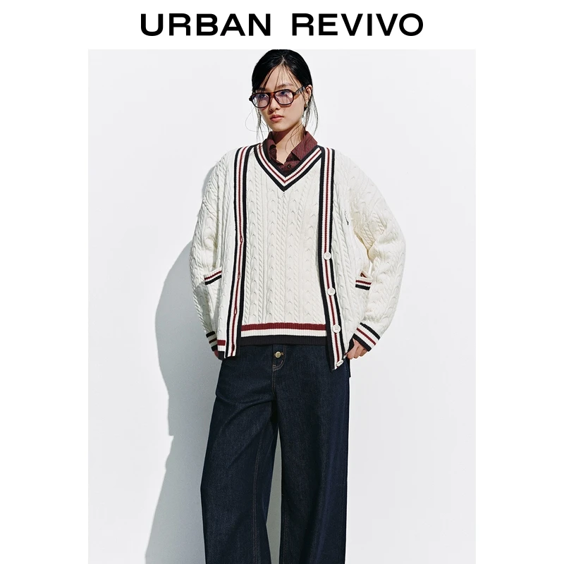 UR2026春季新款女装复古学院风绞花肌理V领针织开衫UYY950125