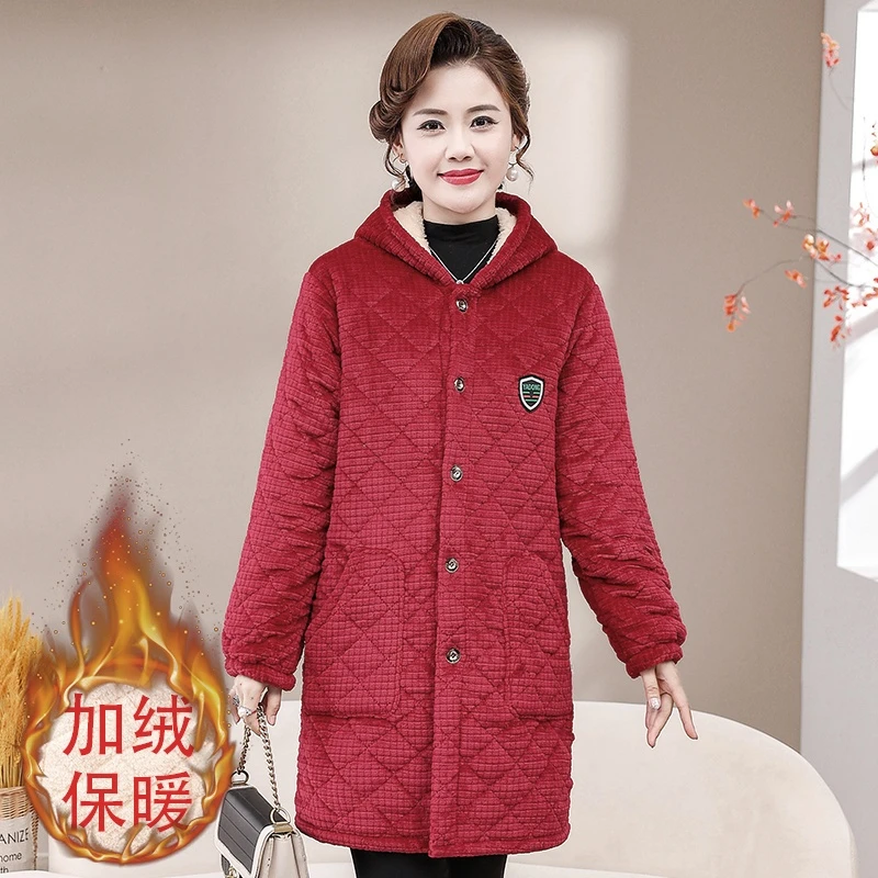 冬季中老年女装加厚加绒棉衣妈妈装保暖棉袄服中长款防寒罩衣外穿