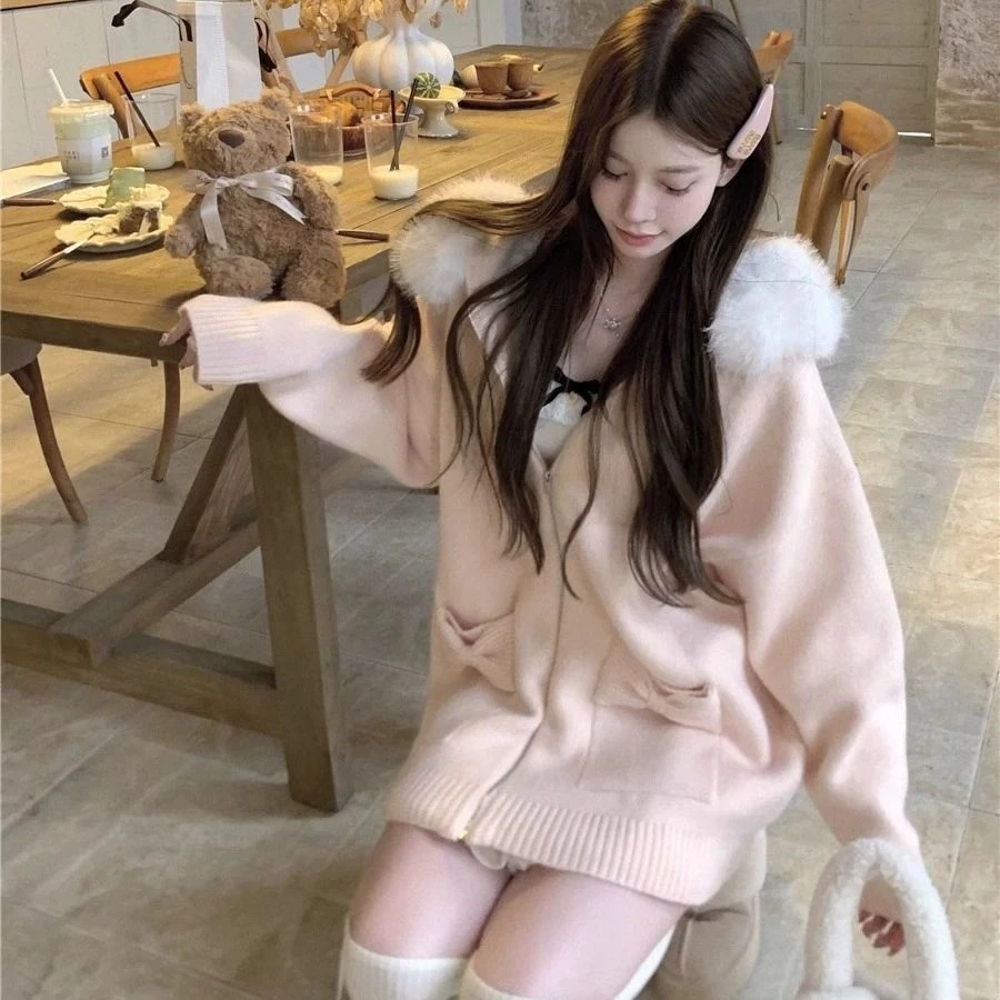 秋冬韩板连帽纯色毛衣外套大毛领秋宽松针织衫上衣保暖女针织新款