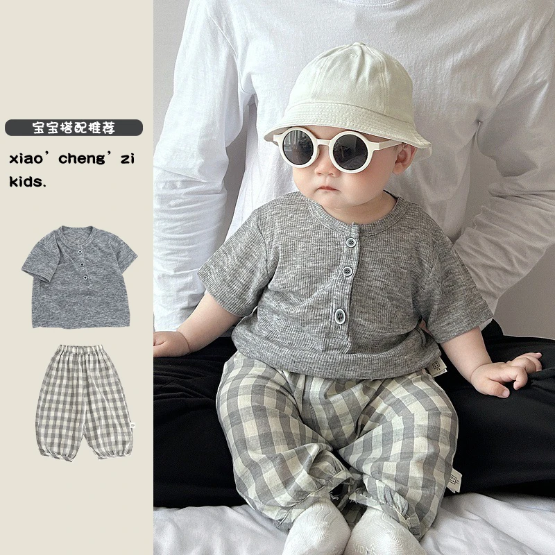 T25X131儿童休闲裤夏季薄款防蚊裤宽松婴儿格子裤男女宝宝长裤潮