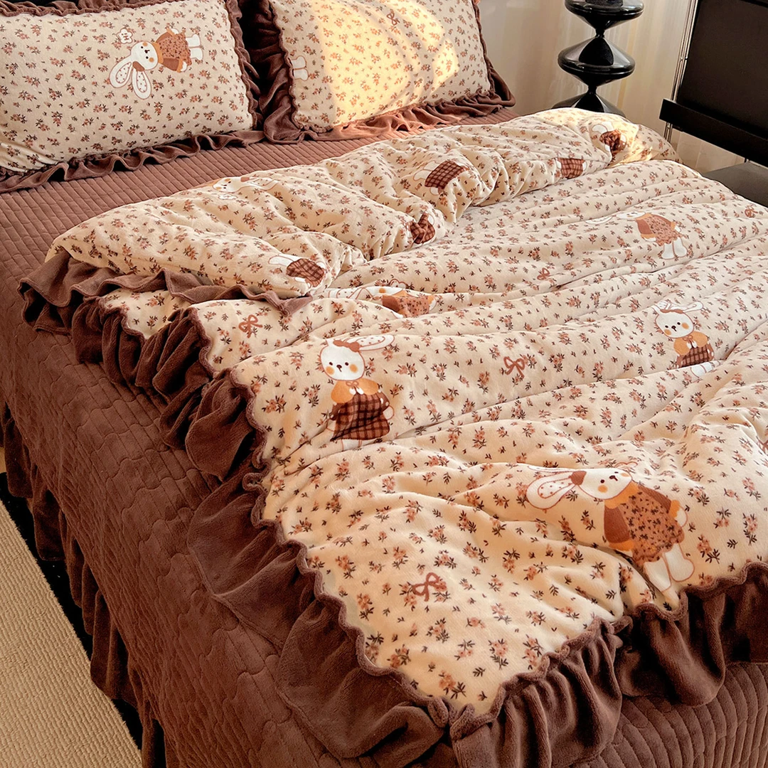 水星高端适用家纺法式公主风牛奶绒四件套床盖款冬季加厚法兰珊瑚