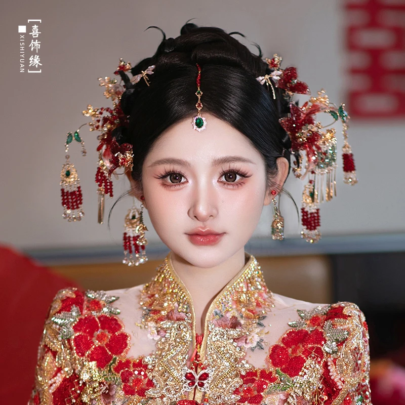 中式秀禾头饰红金水凝花朵发簪新娘结婚古典高级感重工发饰HZ1241