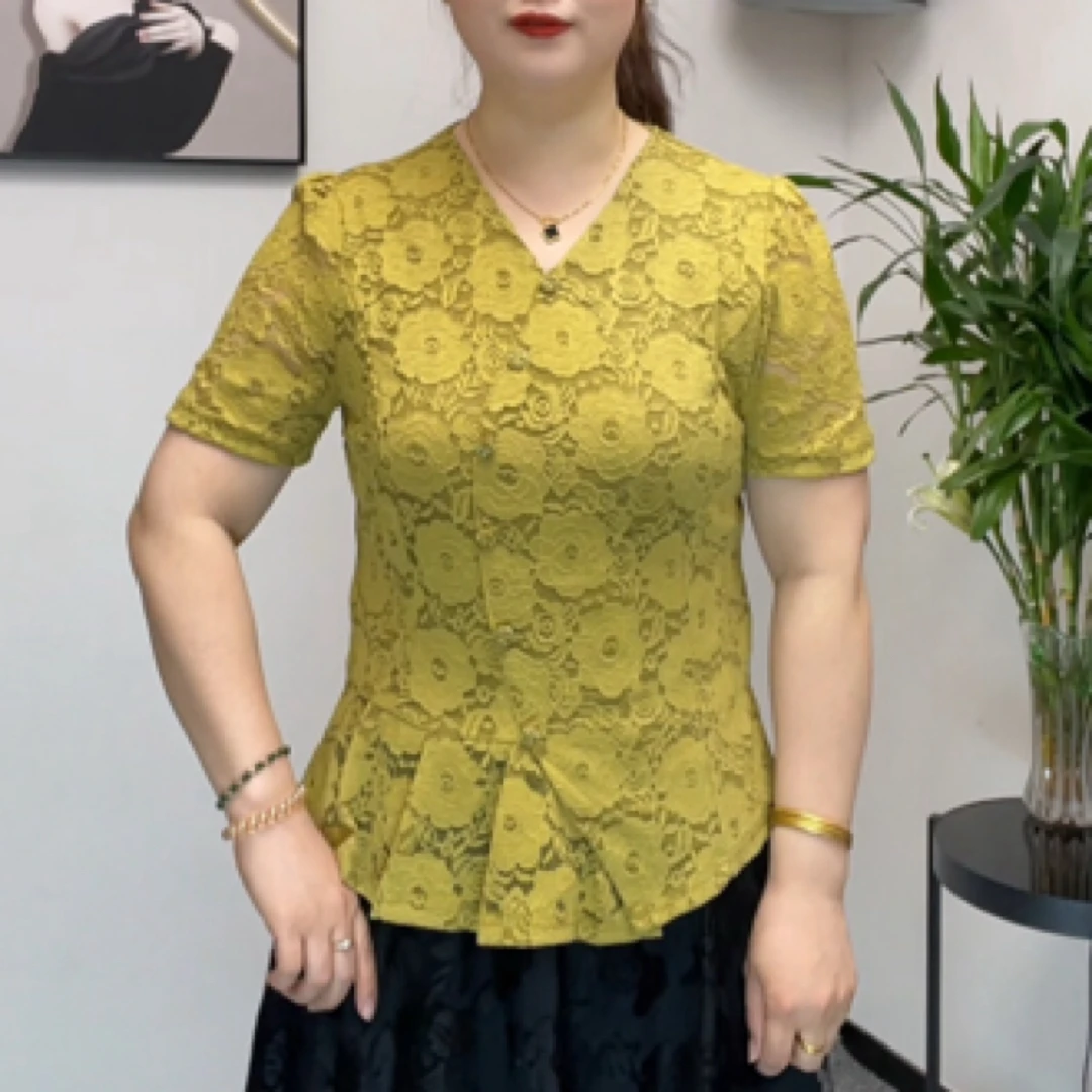 2025女士夏季遮肚显瘦蕾丝短袖新款时尚气质褶皱遮肉洋气小衫1108