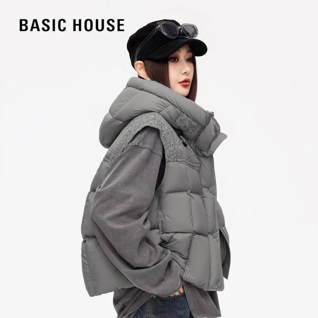 Basic House/百家好25秋冬新款爆款百搭时尚花苞连帽短无袖羽绒服