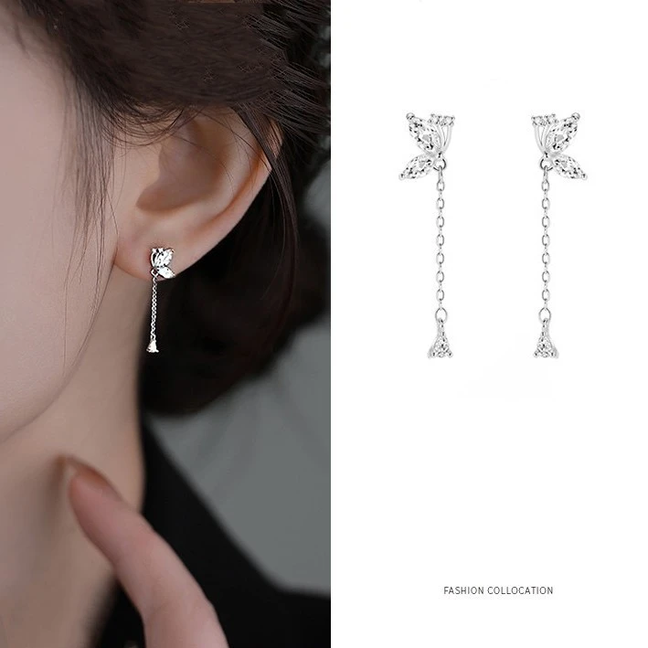 足银合成锆石耳饰 999足银蝴蝶流苏耳钉高级感气质镶嵌锆石耳坠