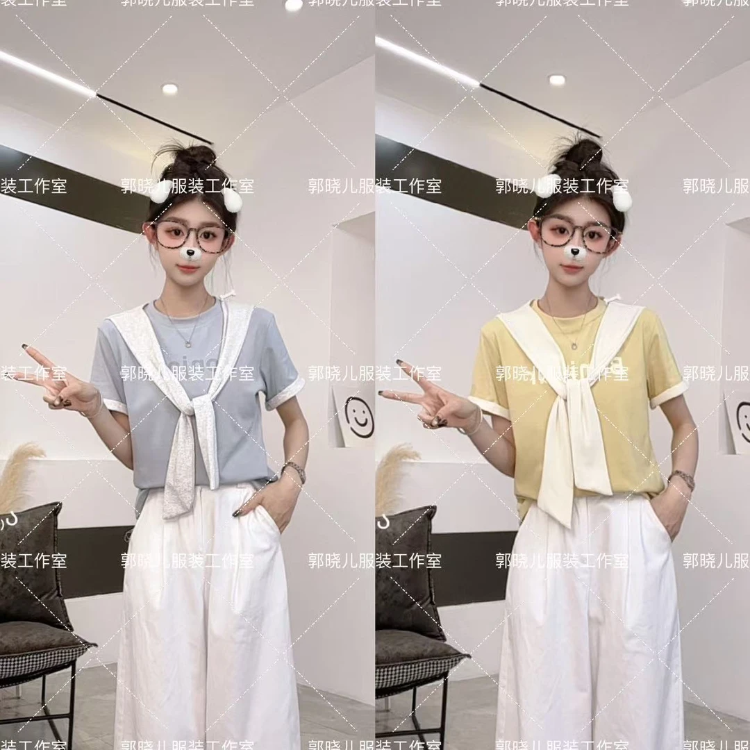 韩系休闲百搭拼色袖撞色披肩两件套女春季2025新款短袖T恤2159