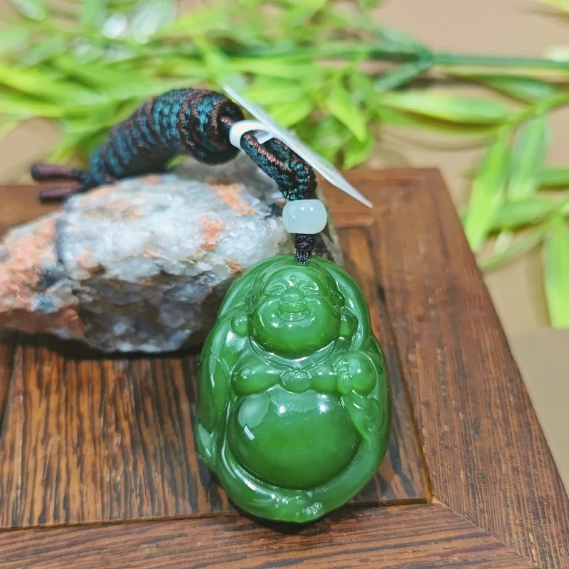 【玉都珠宝】和田碧玉阳绿逍遥佛笑佛吊坠项链颈饰天然老碧玉吊坠