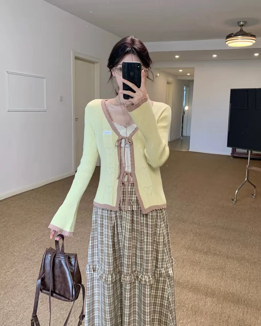 小个子黄色短款花边针织开衫女2025早秋新款修身毛衣外套长袖上衣