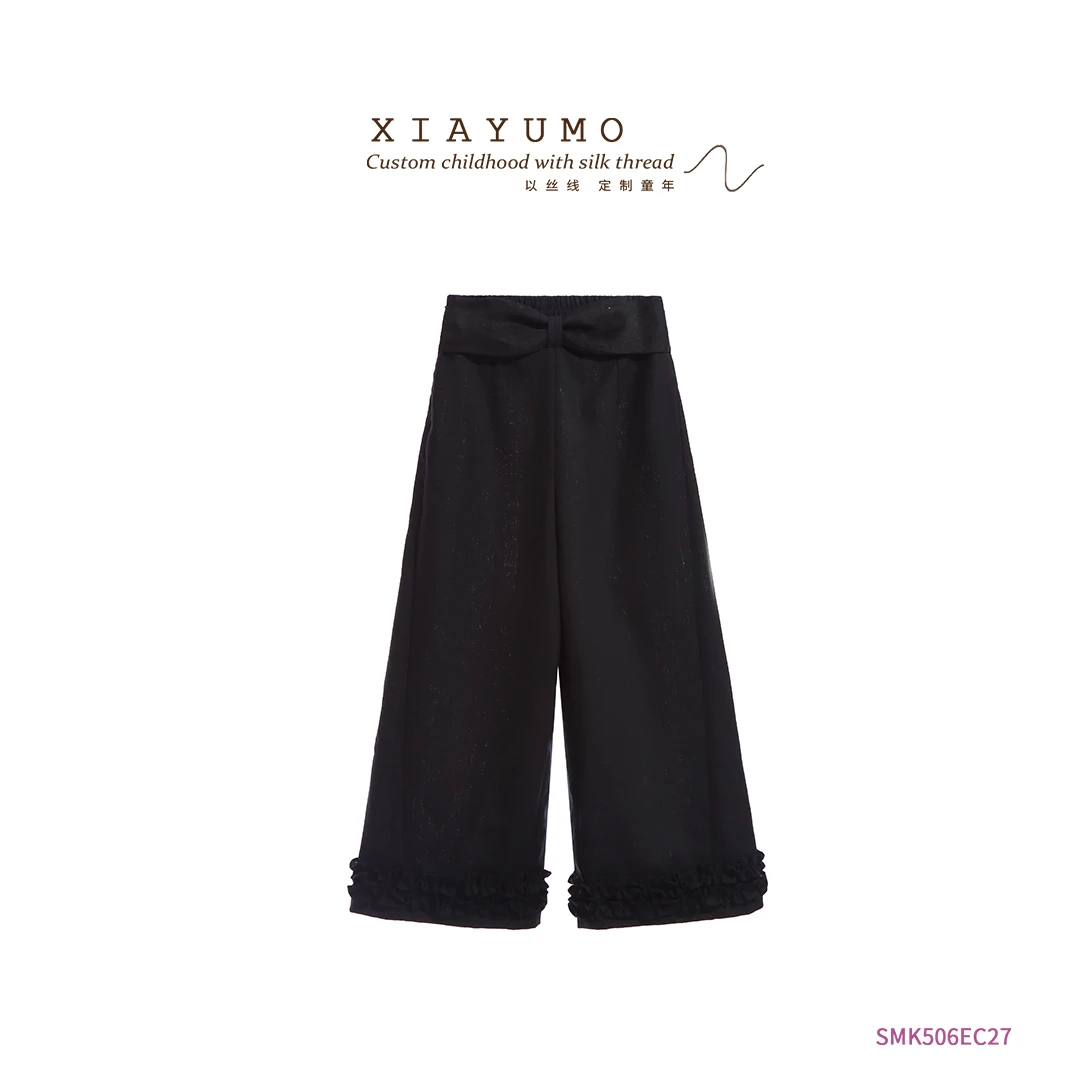 夏羽墨夏季新款黑色蝴蝶结腰头儿童高腰直筒百搭时尚大童简约裤