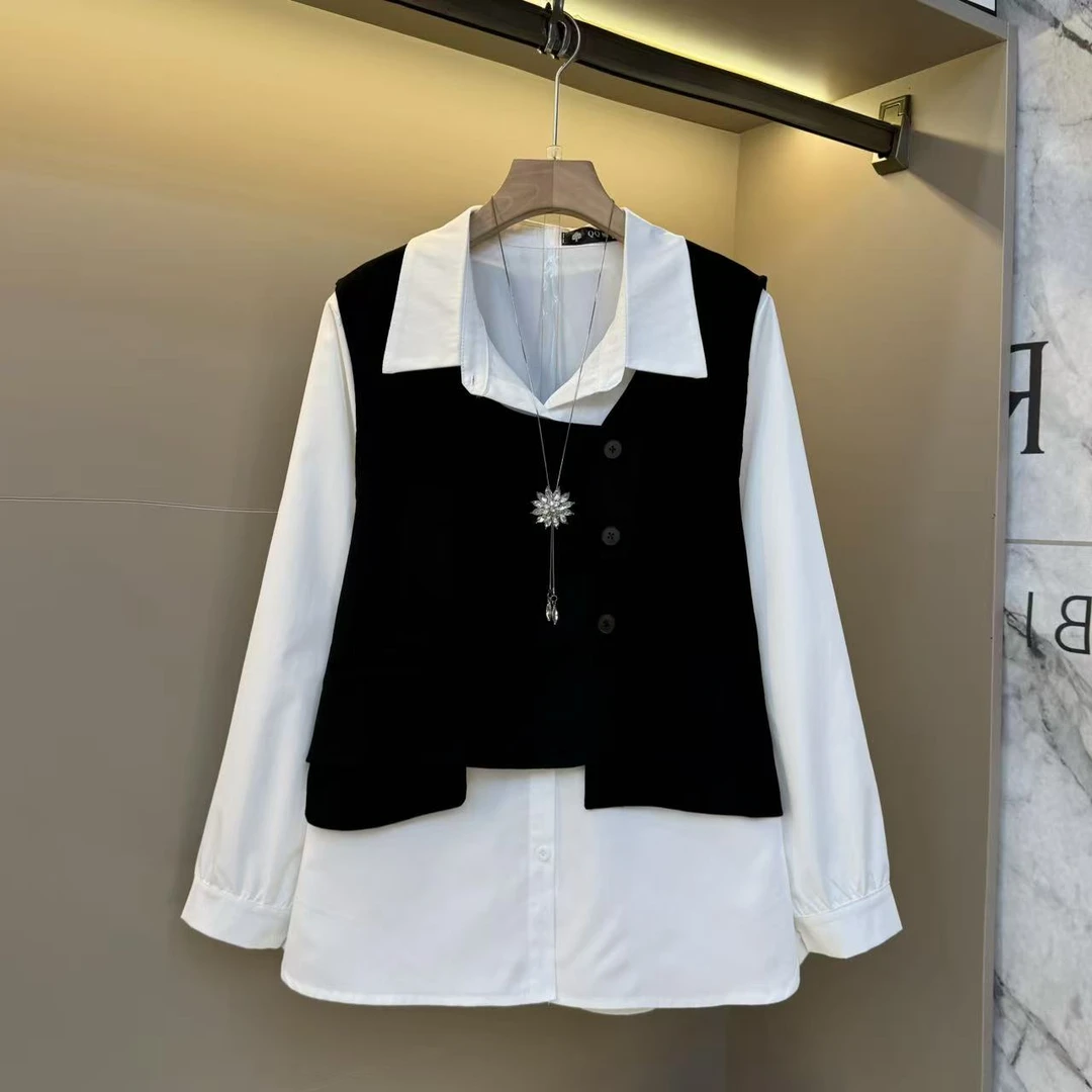 2025秋季韩范拼色时尚通勤洋气假两件气质简约宽松显瘦上衣9105