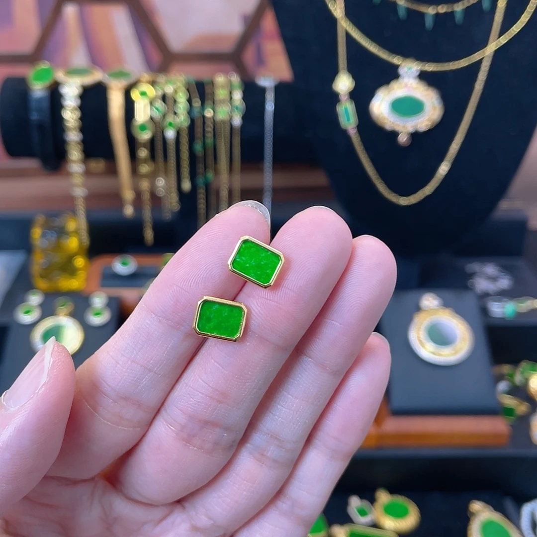 翡翠银S925镀金镶嵌耳饰