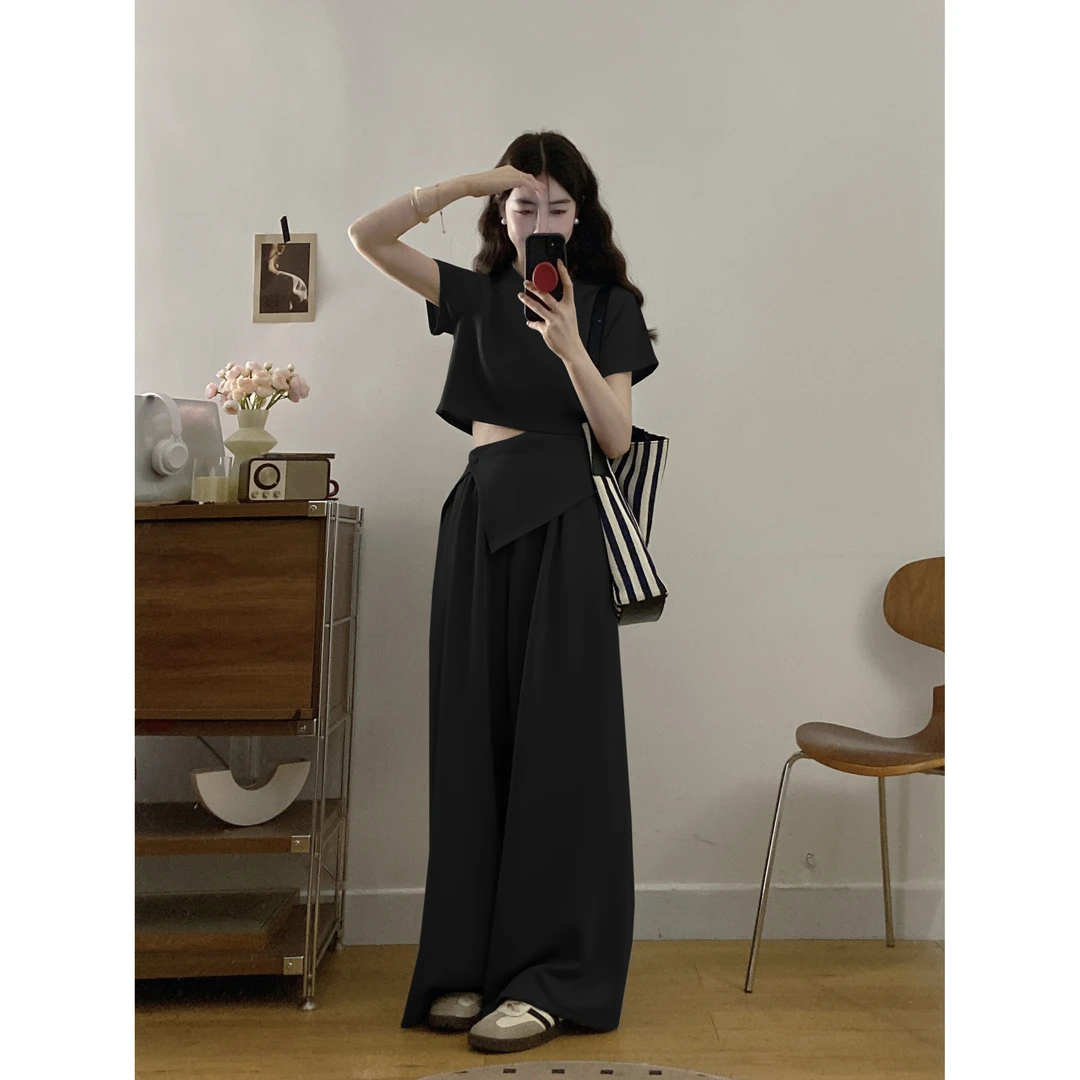 韩系通勤套装女2025夏季简约短袖圆领显瘦上衣+高腰阔腿休闲长裤