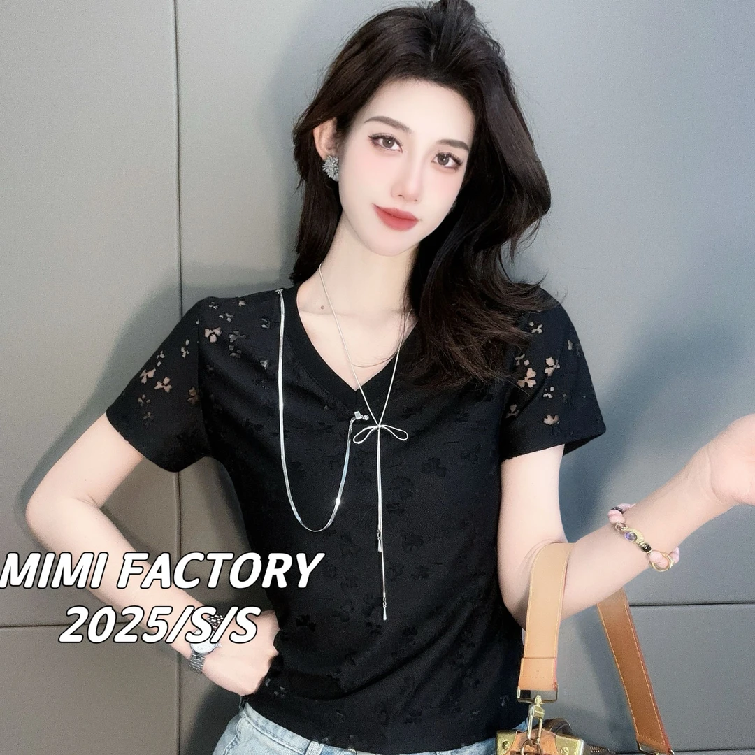 2025夏季新款 蕾丝镂空三叶草短袖T恤女修身显瘦时尚4553#