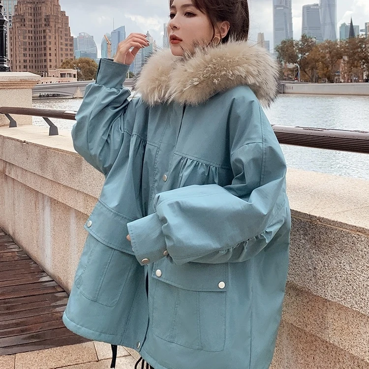 特大码300斤胖mm湖蓝色派克服女冬加绒加厚款2022新款工装棉衣