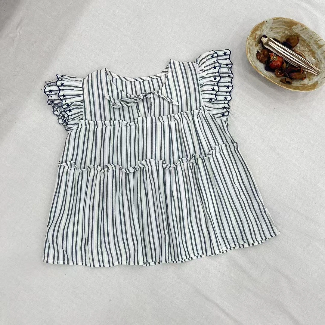 【姐姐家】25夏款儿童萌娃穿搭竖条纹飞袖娃娃衫衬衫jx1118