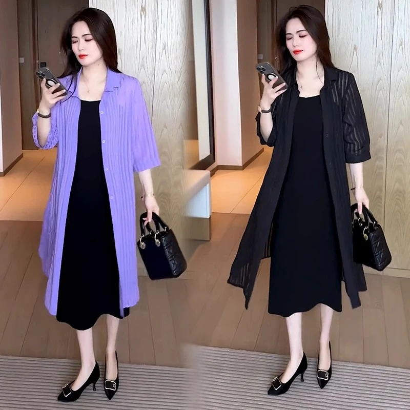 时尚连衣裙套装女2025夏季新款洋气显瘦长款防晒外披吊带裙两件套