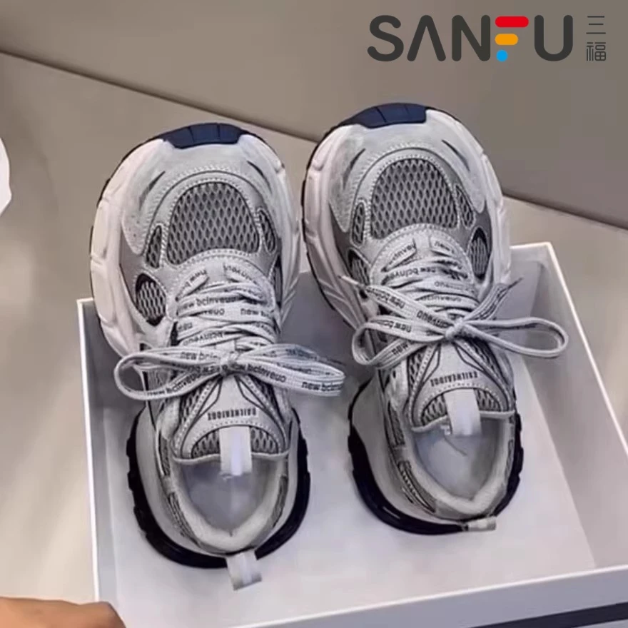 三福2025新款厚底小怪兽老爹鞋女鞋增高休闲运动百搭透气网面鞋子