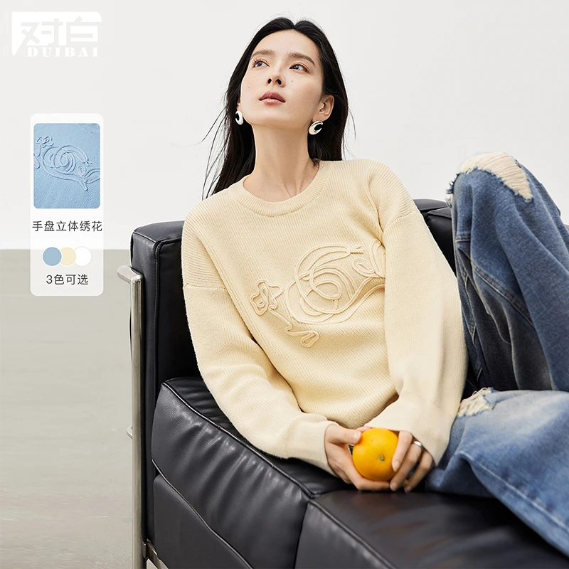 【生肖系列】对白蛇年提花套头圆领毛衣女2025春季新款慵懒针织衫