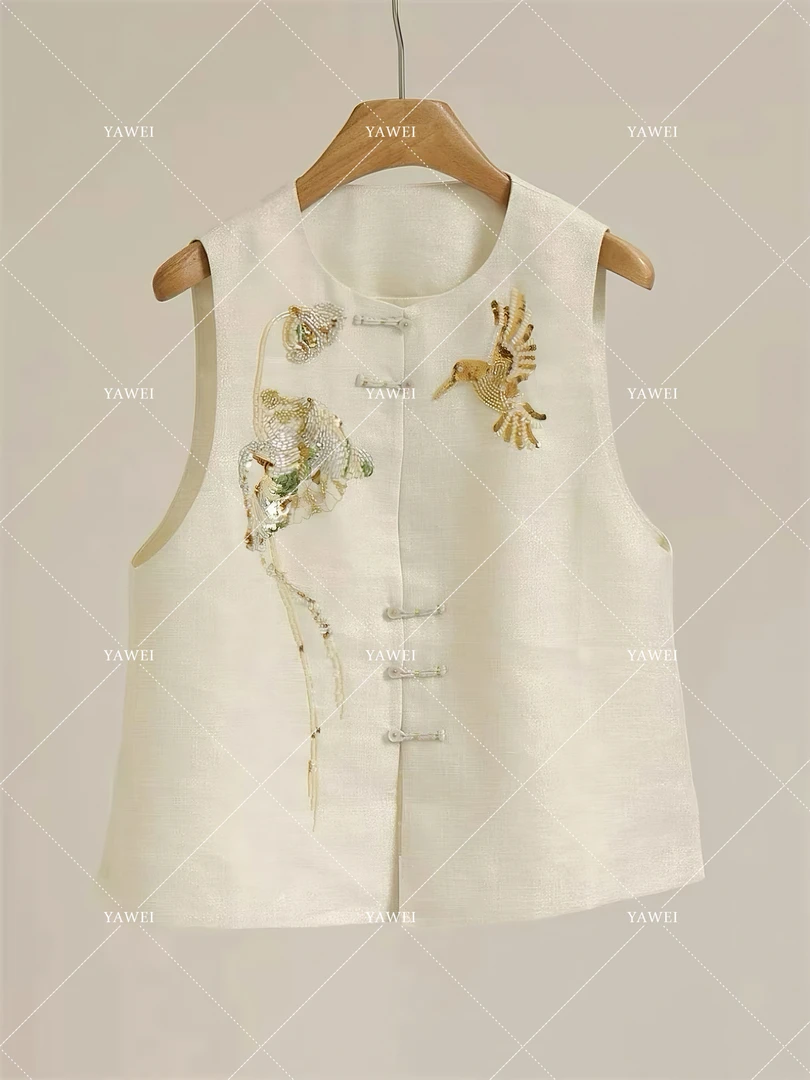 【荷韵】国风重工珠片刺绣金钱亚麻马甲MJ296