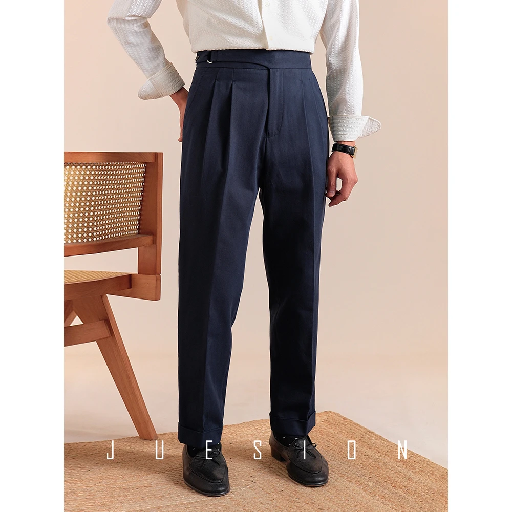 JUESION 纯棉休闲西裤男双褶高腰透气半廓尔格西裤商务休闲西装裤
