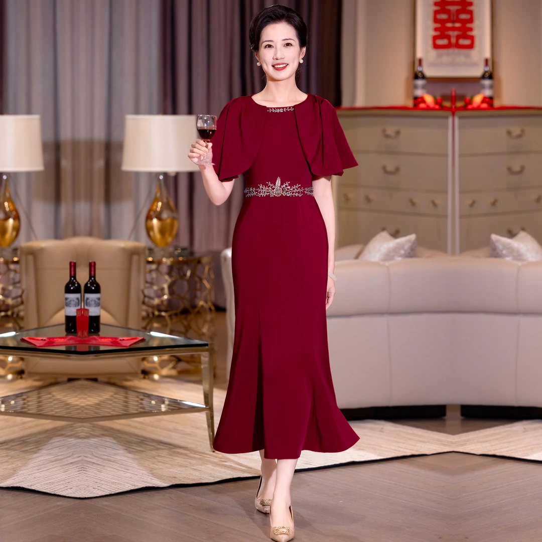 夏款日常礼服立体珠绣喜服高贵年轻款大牌喜婆婆婚宴新中式连衣裙