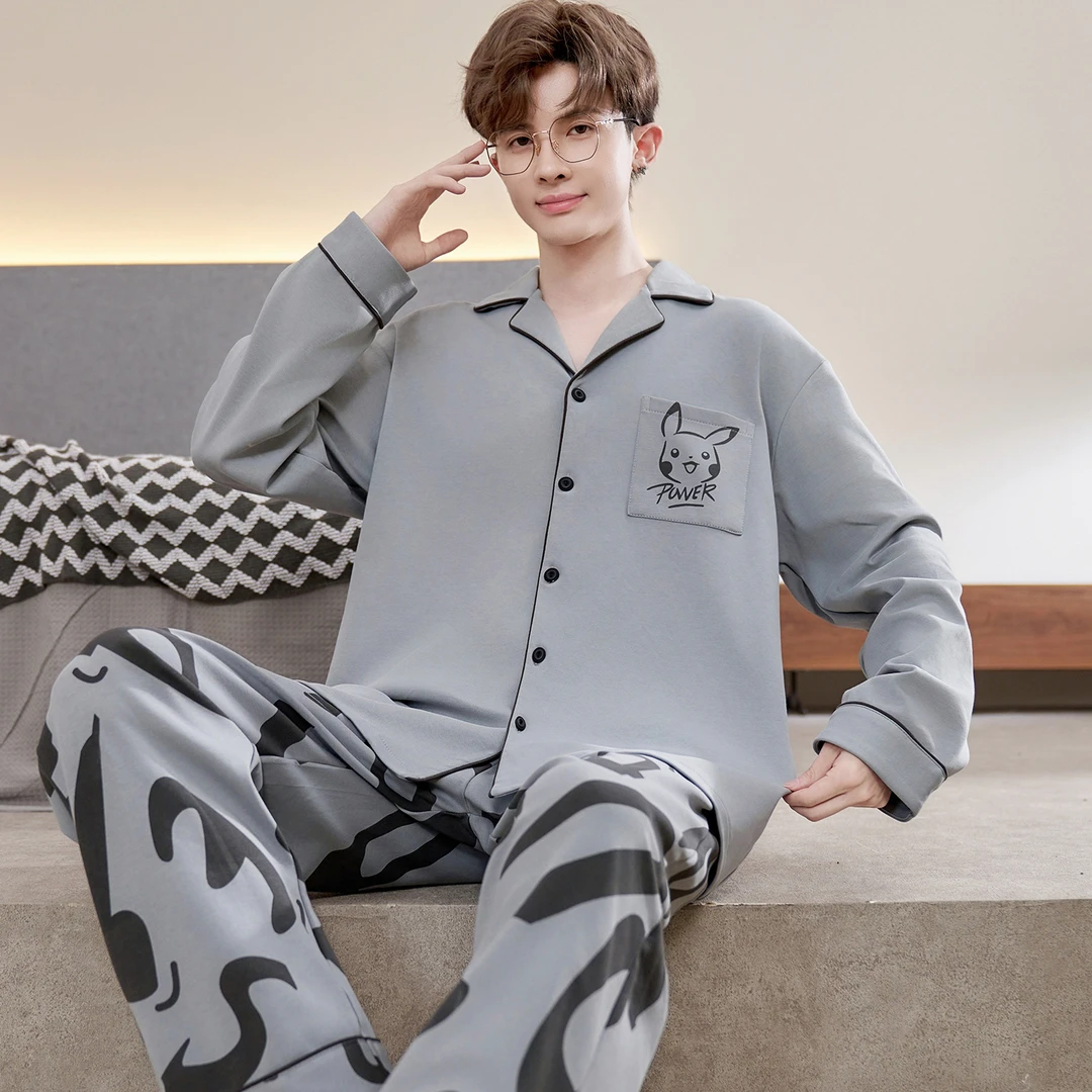 纯棉睡衣男款春秋季长袖简约灰色加大码青少年男士家居服套装冬天
