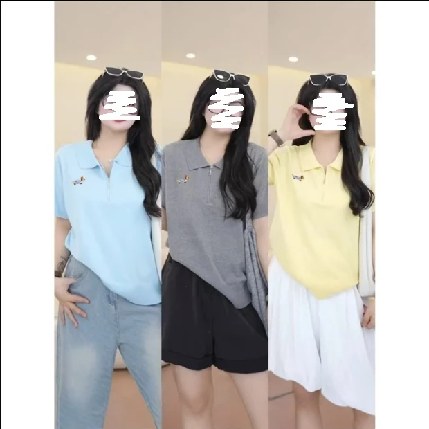 051#胖妹妹大码女装夏季POLO领腊肠狗刺绣时尚百搭洋气时髦t恤女