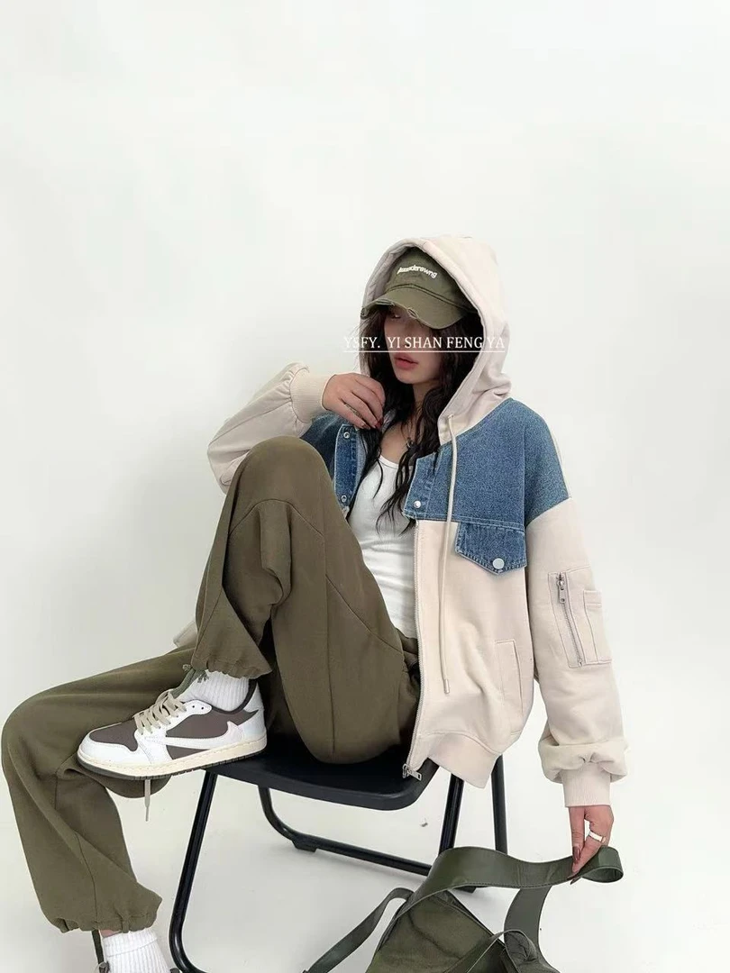 002【春季新款】重工拼接牛仔休闲潮牌连帽外套（6201）